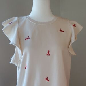 T.La by Anthropology Embroidered Cream Top with Flutter Sleeves Size Large